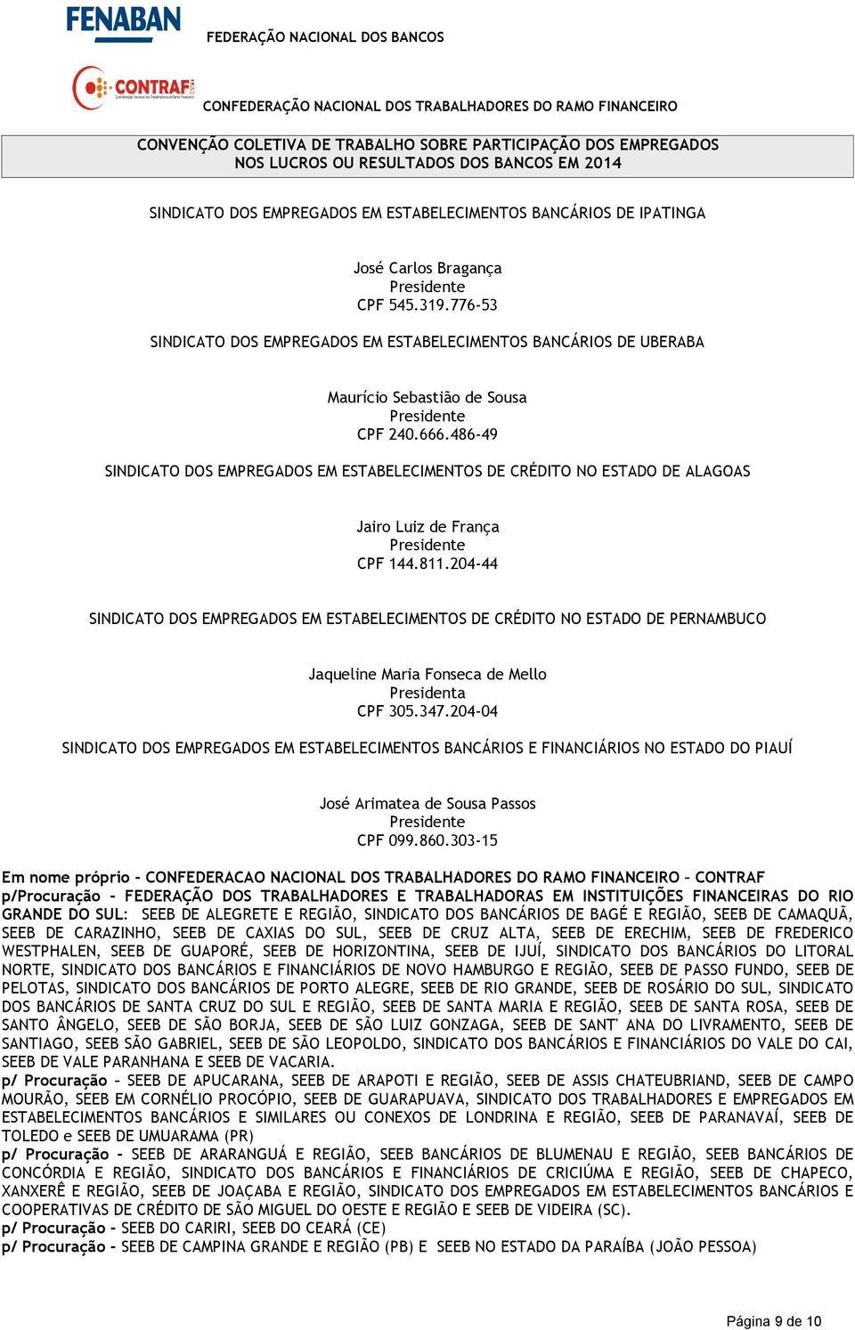 486-49 SINDICATO DOS EMPREGADOS EM ESTABELECIMENTOS DE CRÉDITO NO ESTADO DE ALAGOAS Jairo Luiz de França CPF 144.811.