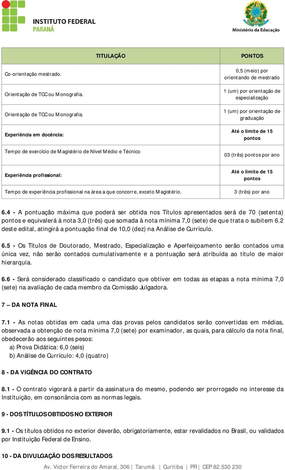 Experiência em docência: Tempo de exercício de Magistério de Nível Médio e Técnico 0,5 (meio) por orientando de mestrado 1 (um) por orientação de especialização 1 (um) por orientação de graduação Até