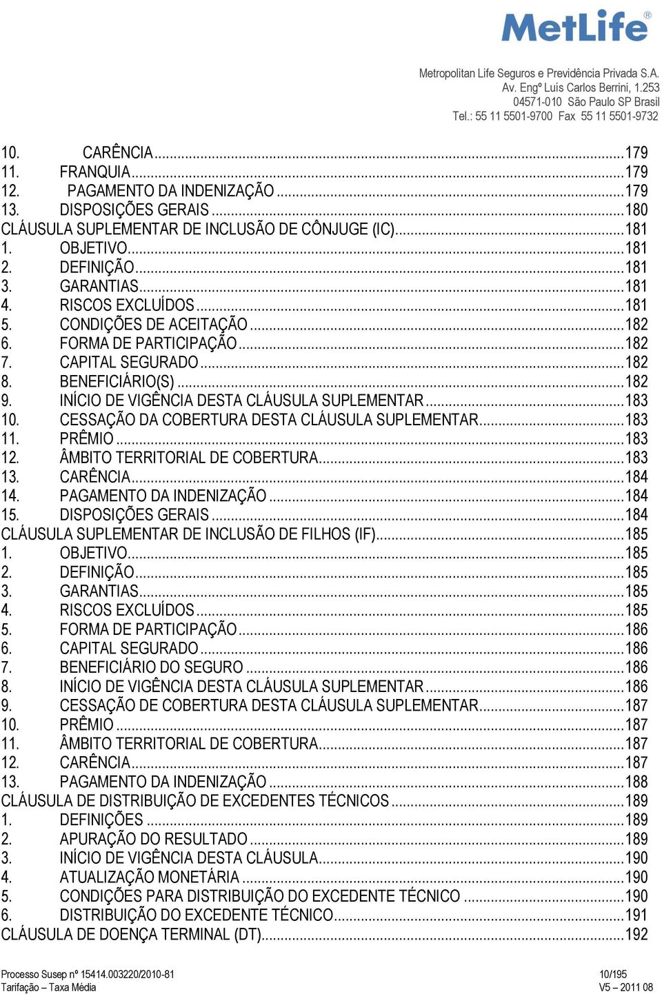 INÍCIO DE VIGÊNCIA DESTA CLÁUSULA SUPLEMENTAR... 183 10. CESSAÇÃO DA COBERTURA DESTA CLÁUSULA SUPLEMENTAR... 183 11. PRÊMIO... 183 12. ÂMBITO TERRITORIAL DE COBERTURA... 183 13. CARÊNCIA... 184 14.