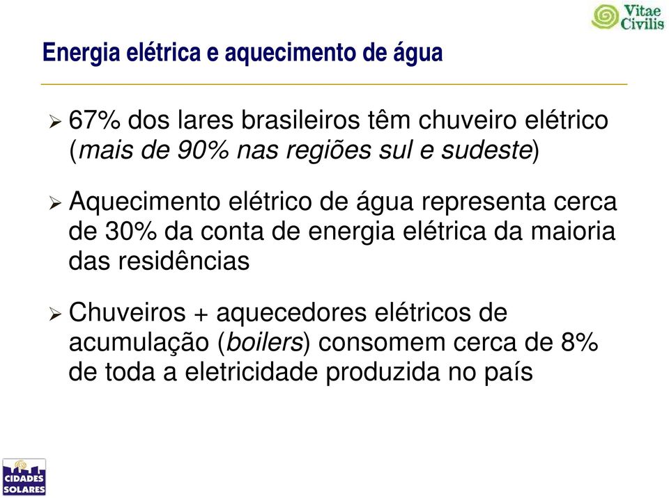 30% da conta de energia elétrica da maioria das residências Chuveiros + aquecedores