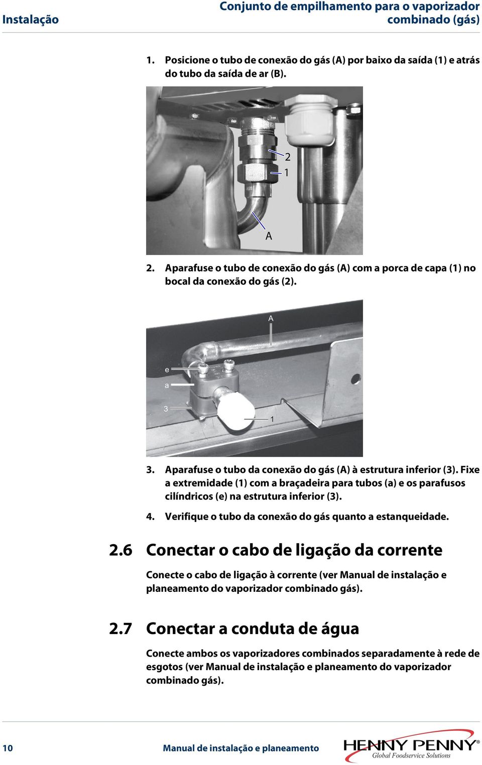 Fixe a extremidade () com a braçadeira para tubos (a) e os parafusos cilíndricos (e) na estrutura inferior (3). 4. Verifique o tubo da conexão do gás quanto a estanqueidade. 2.