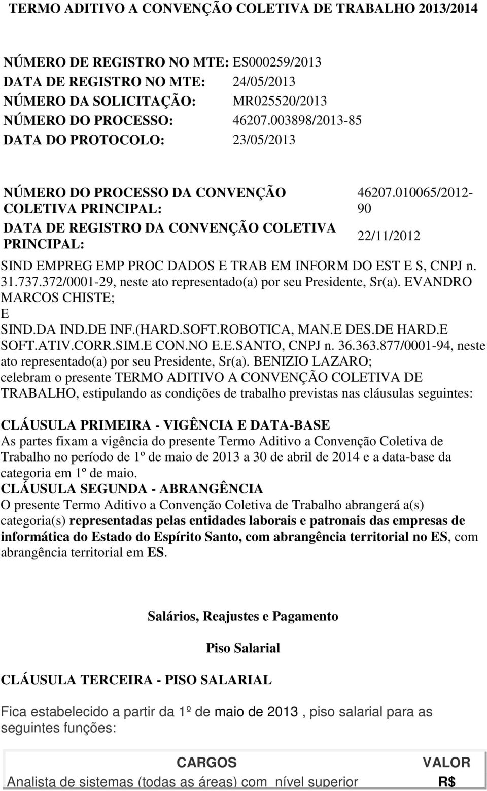 010065/2012-90 22/11/2012 SIND EMPREG EMP PROC DADOS E TRAB EM INFORM DO EST E S, CNPJ n. 31.737.372/0001-29, neste ato representado(a) por seu Presidente, Sr(a). EVANDRO MARCOS CHISTE; E SIND.DA IND.