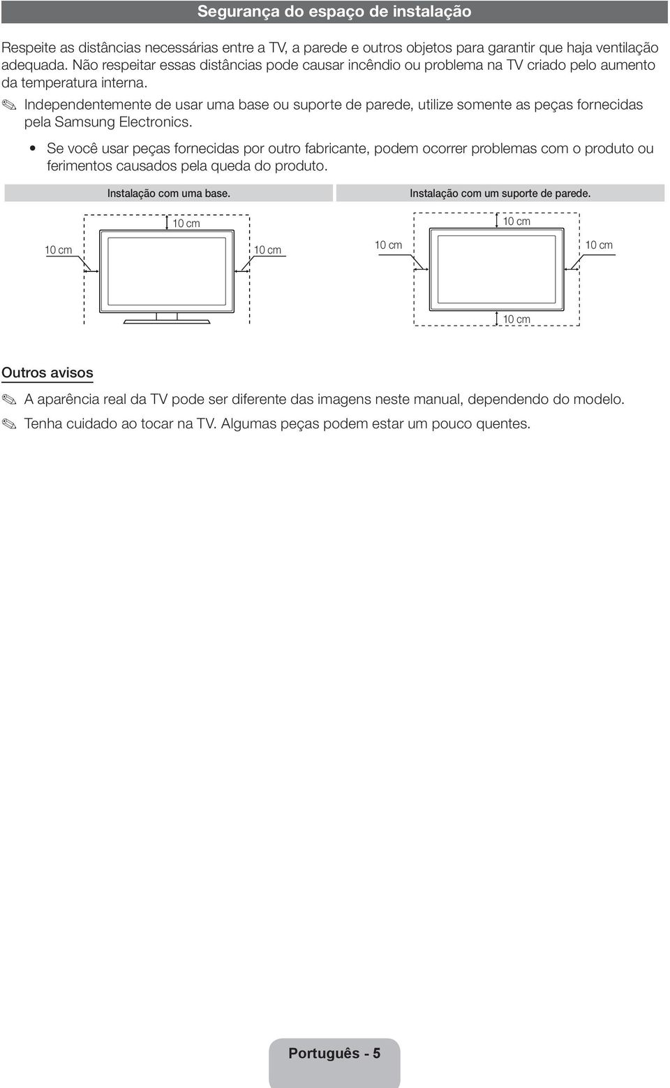 Independentemente de usar uma base ou suporte de parede, utilize somente as peças fornecidas pela Samsung Electronics.
