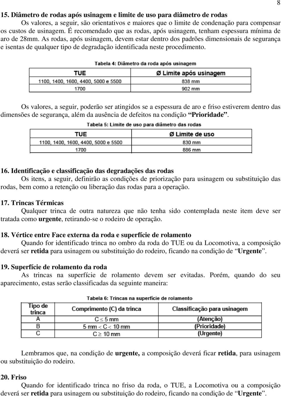 As rodas, após usinagem, devem estar dentro dos padrões dimensionais de segurança e isentas de qualquer tipo de degradação identificada neste procedimento.