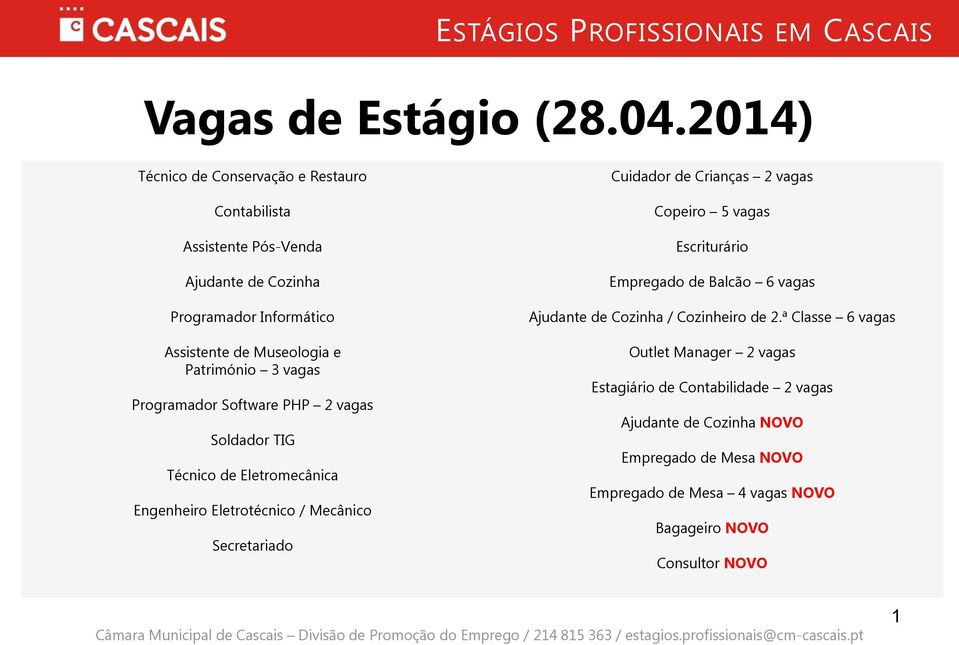 Software PHP 2 vagas Soldador TIG Técnico de Eletromecânica Engenheiro Eletrotécnico / Mecânico Secretariado Cuidador de Crianças 2 vagas Copeiro 5 vagas Escriturário Empregado de