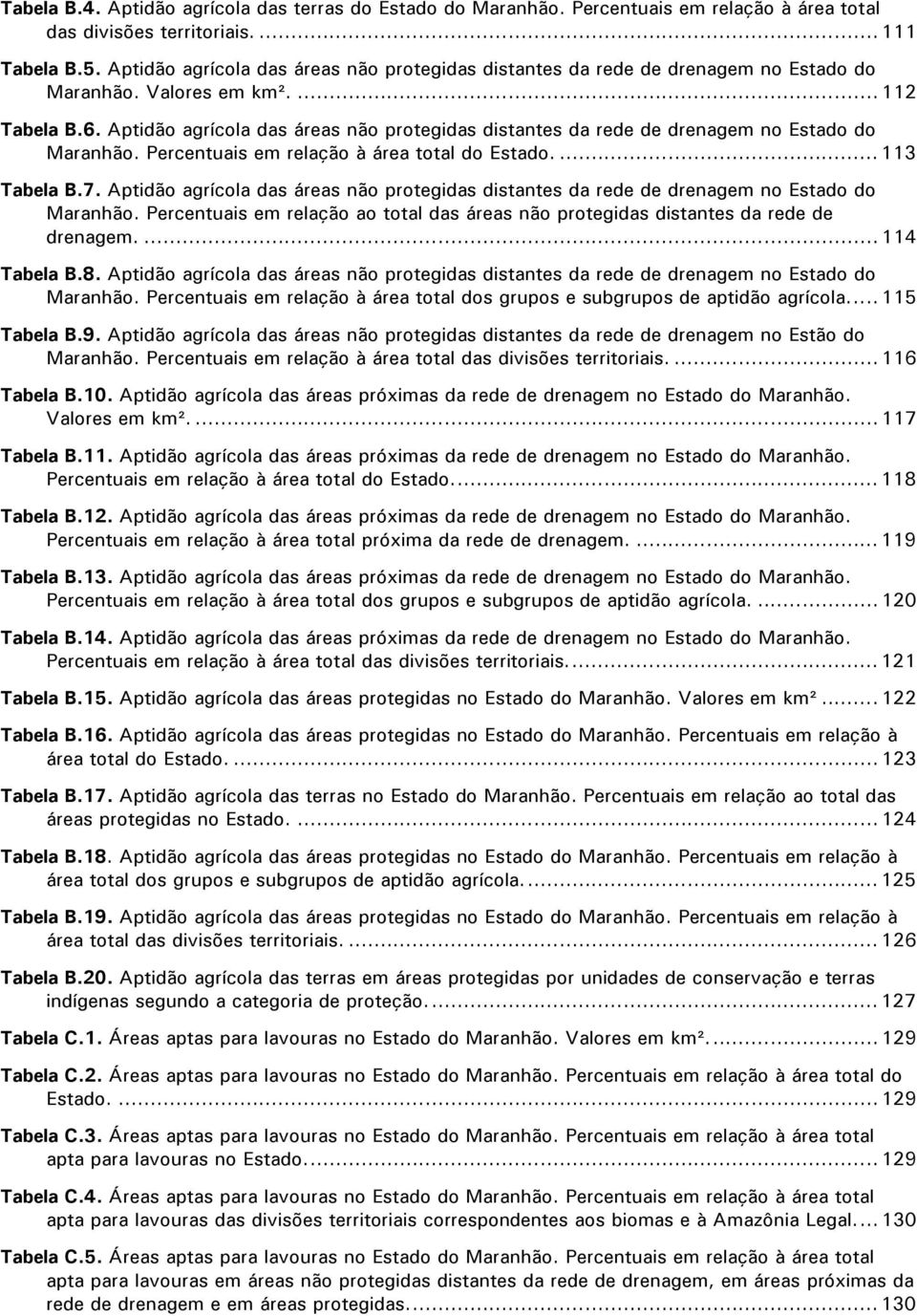 Aptidão agrícola das áreas não protegidas distantes da rede de drenagem no Estado do Maranhão. Percentuais em relação à área total do Estado....113 Tabela B.7.