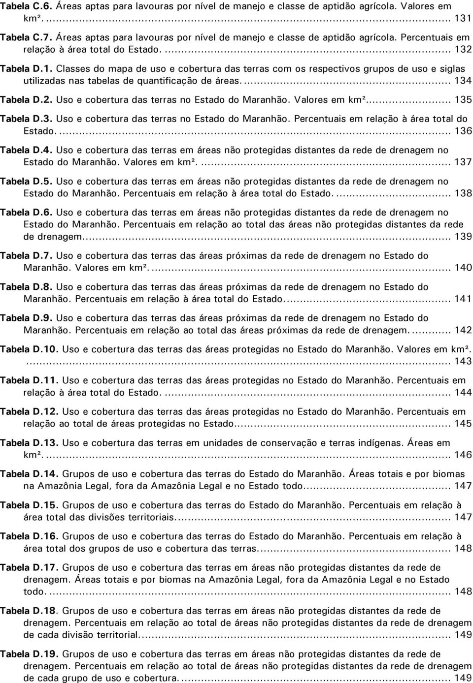 Valores em km²... 135 Tabela D.3. Uso e cobertura das terras no Estado do Maranhão. Percentuais em relação à área total do Estado.... 136 Tabela D.4.