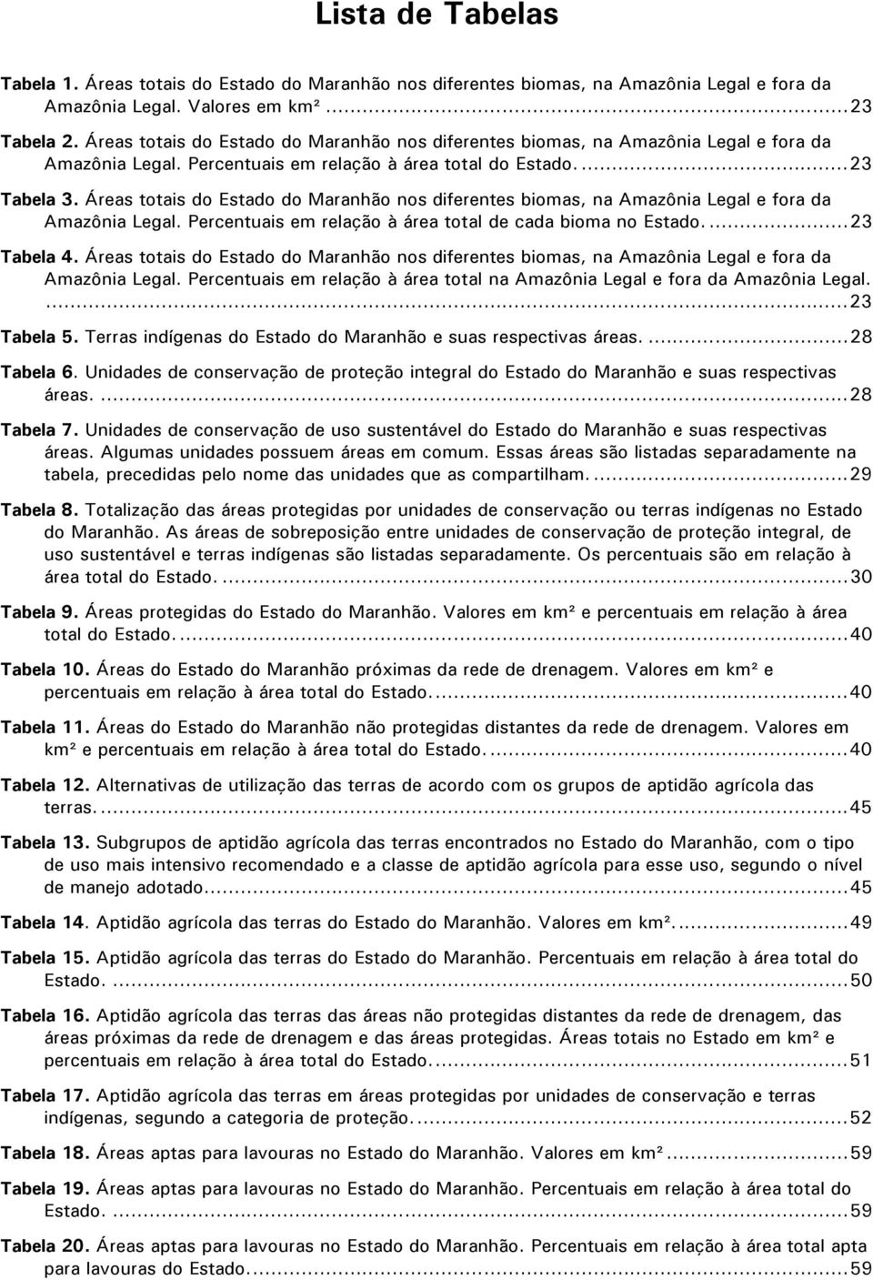 Áreas totais do Estado do Maranhão nos diferentes biomas, na Amazônia Legal e fora da Amazônia Legal. Percentuais em relação à área total de cada bioma no Estado....23 Tabela 4.