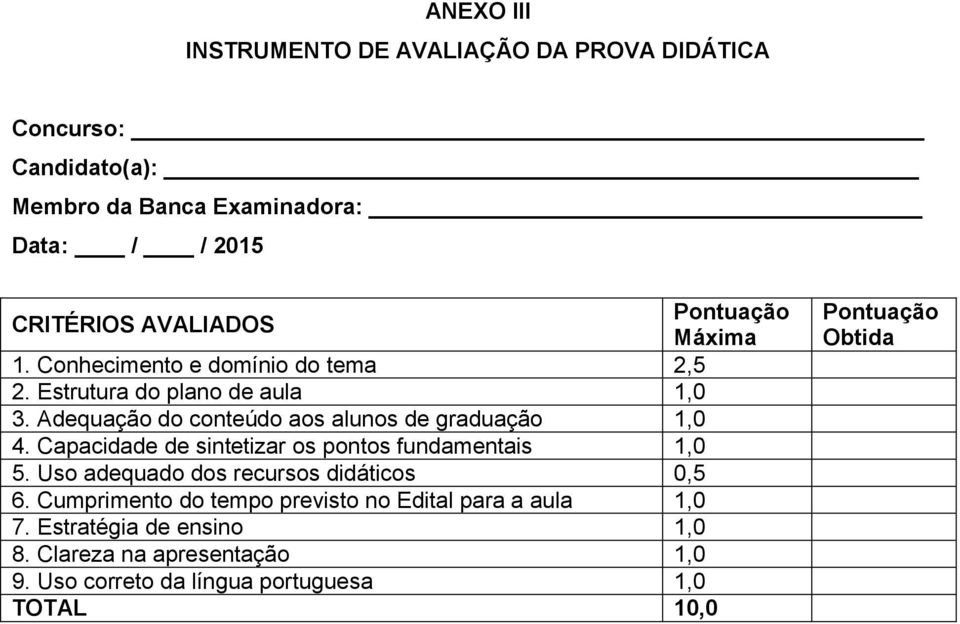 Adequação do conteúdo aos alunos de graduação 1,0 4. Capacidade de sintetizar os pontos fundamentais 1,0 5.