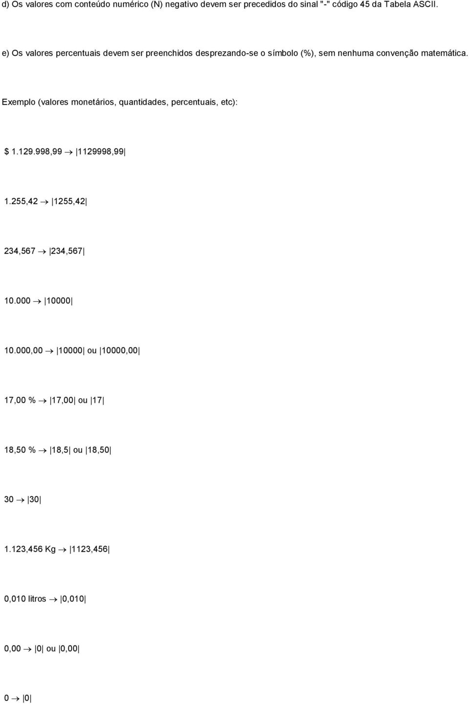 Exemplo (valores monetários, quantidades, percentuais, etc): $ 1.129.998,99 1129998,99 1.255,42 1255,42 234,567 234,567 10.