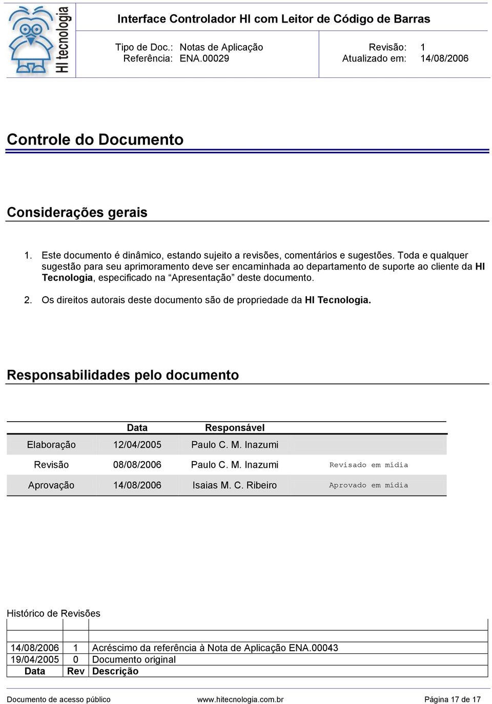 Os direitos autorais deste documento são de propriedade da HI Tecnologia. Responsabilidades pelo documento Data Responsável Elaboração 12/04/2005 Paulo C. M.