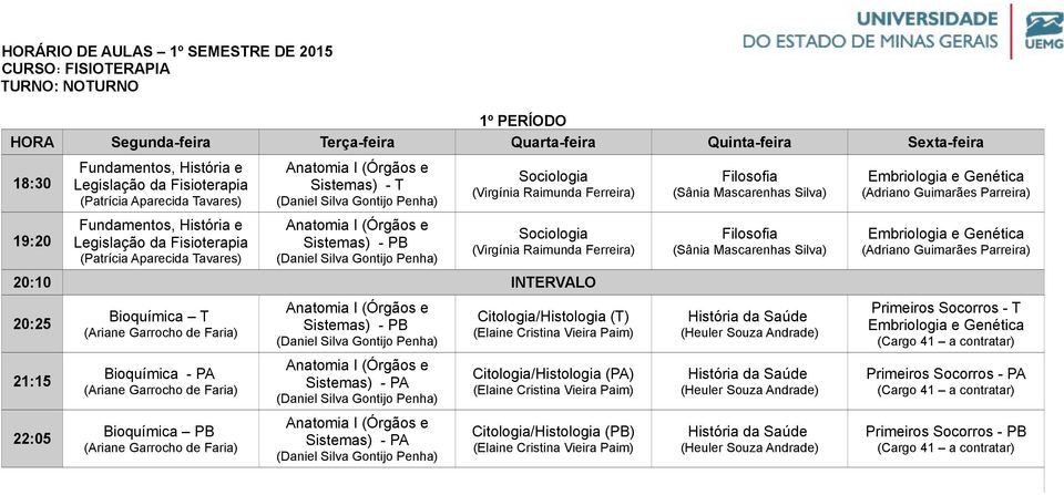 (Virgínia Raimunda Ferreira) Bioquímica T Bioquímica - PA Bioquímica PB Sistemas) - PB Sistemas) - PA Sistemas) - PA Citologia/Histologia (T) Citologia/Histologia