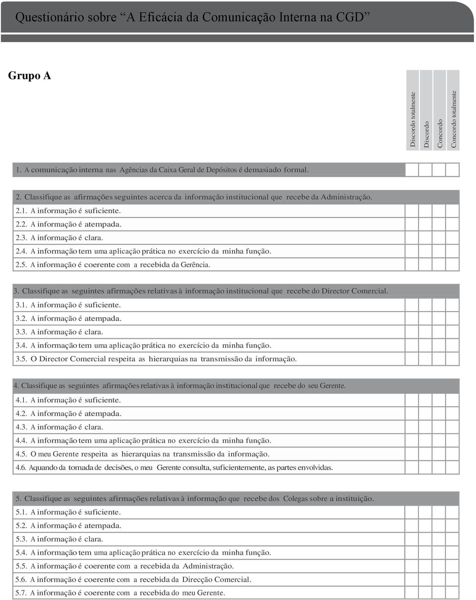 A informação tem uma aplicação prática no exercício da minha função. 2.5. A informação é coerente com a recebida da Gerência. 3.