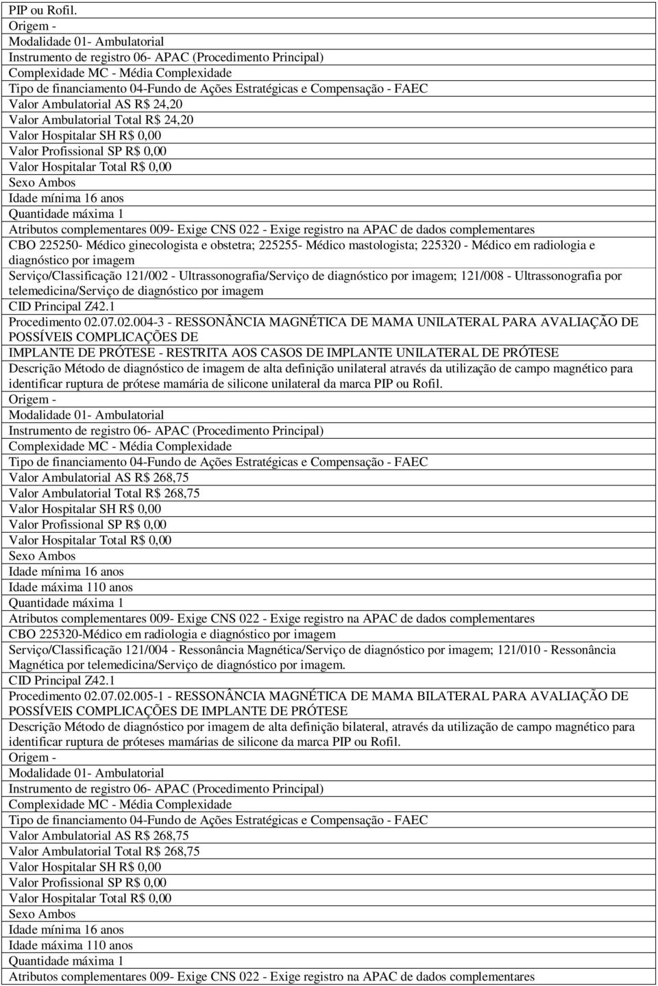 Valor Hospitalar Total R$, Atributos complementares 9- Exige CNS 22 - Exige registro na APAC de dados complementares CBO 22525- Médico ginecologista e obstetra; 225255- Médico mastologista; 22532 -