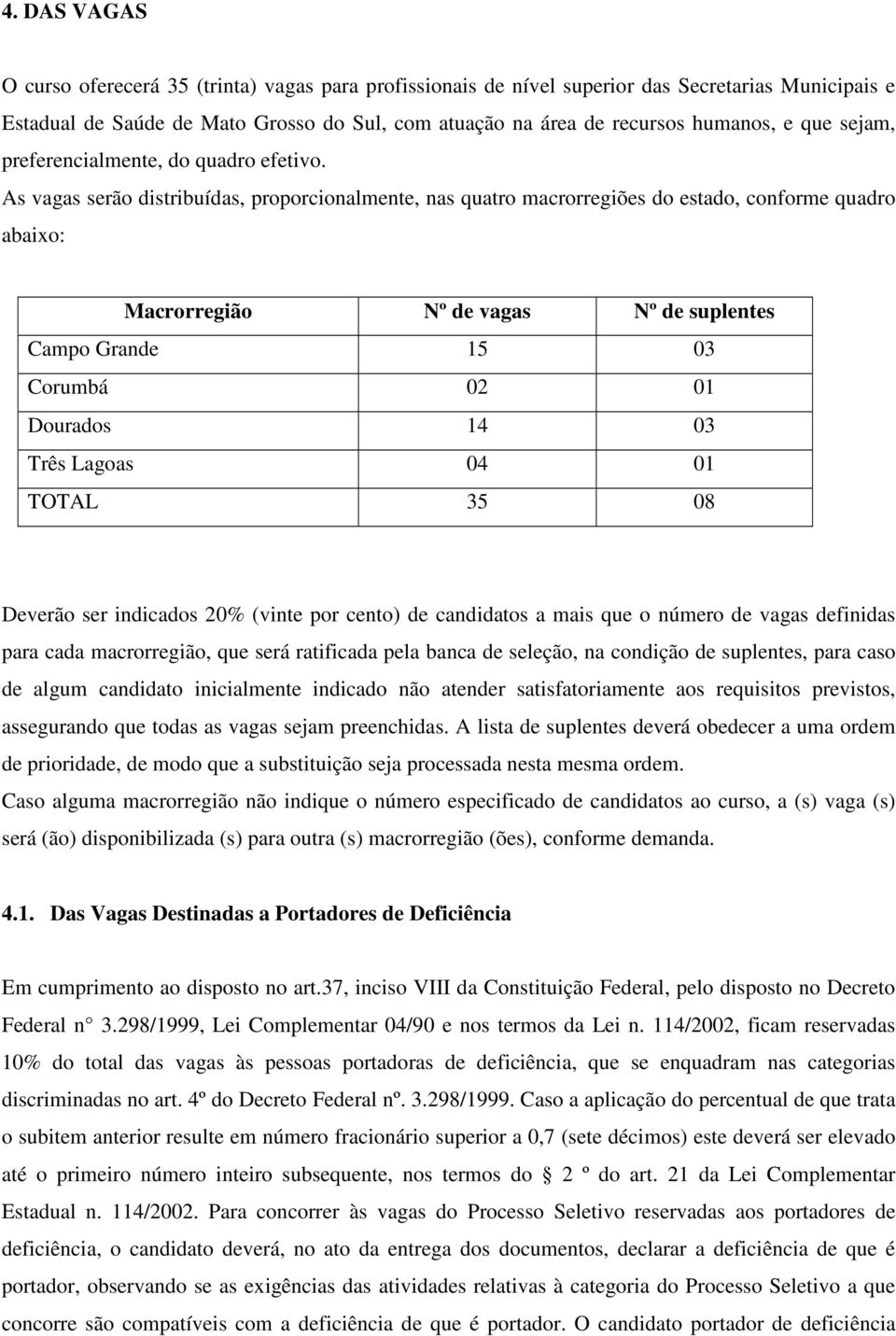 As vagas serão distribuídas, proporcionalmente, nas quatro macrorregiões do estado, conforme quadro abaixo: Macrorregião Nº de vagas Nº de suplentes Campo Grande 15 03 Corumbá 02 01 Dourados 14 03