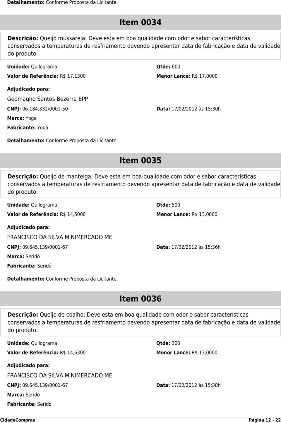 332/0001-50 Data: 17/02/2012 às 15:30h Marca: Yoga Fabricante: Yoga Item 0035 Descrição: Queijo de manteiga: Deve esta em boa qualidade com odor e sabor características conservados a temperaturas de