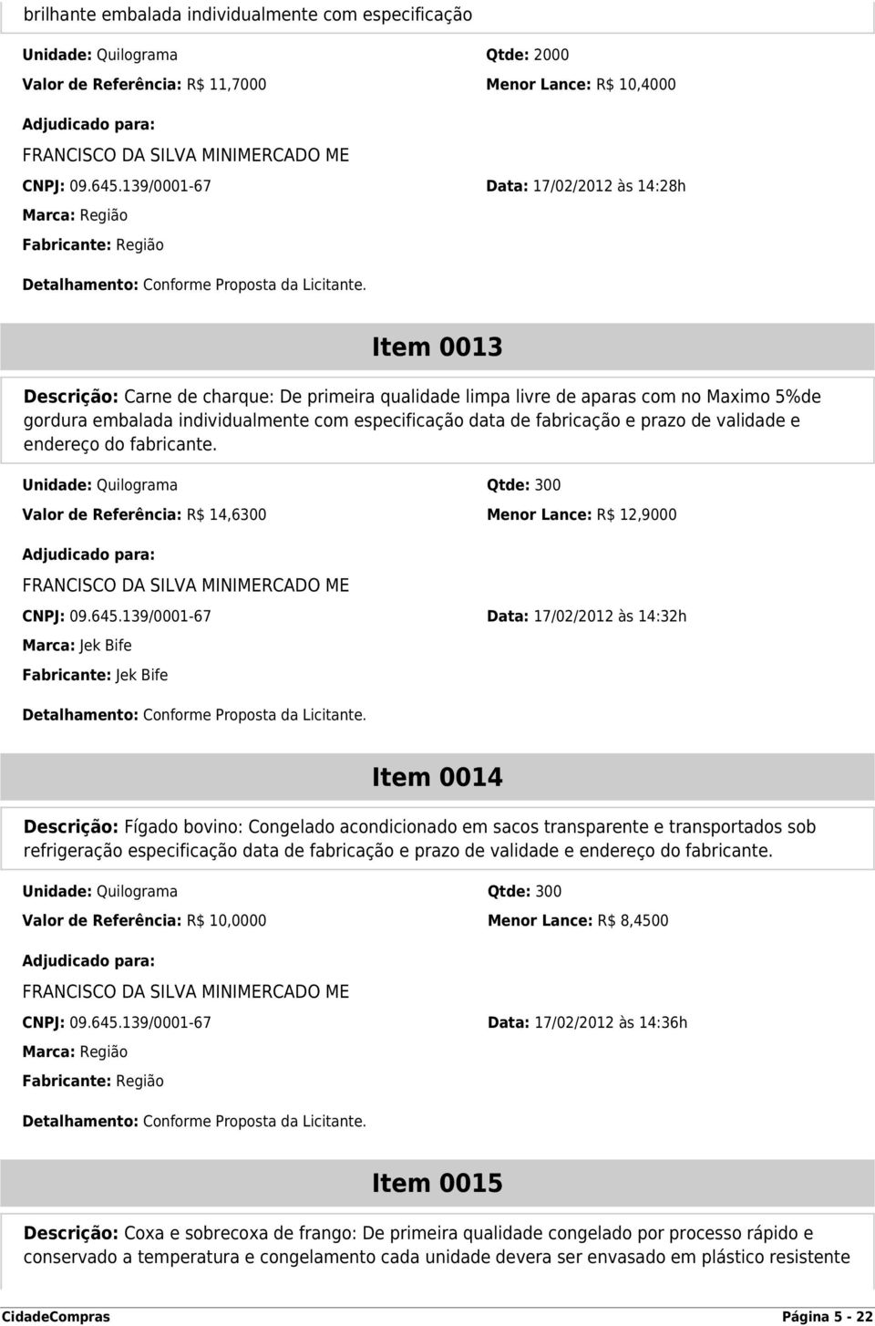 individualmente com especificação data de fabricação e prazo de validade e endereço do fabricante. Unidade: Quilograma Qtde: 300 Valor de Referência: R$ 14,6300 Menor Lance: R$ 12,9000 CNPJ: 09.645.