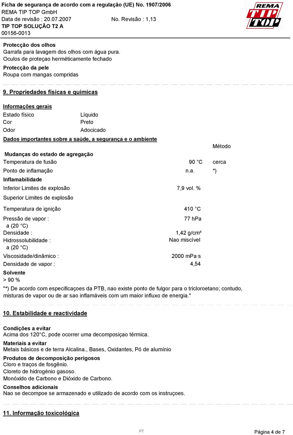 Temperatura de fusão 90 C cerca Ponto de inflamação Inflamabilidade Inferior Limites de explosão 7,9 vol.