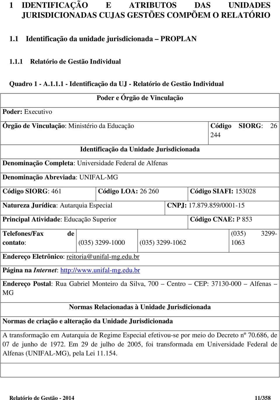 Jurisdicionada Denominação Completa: Universidade Federal de Alfenas Denominação Abreviada: UNIFAL-MG Código SIORG: 461 Código LOA: 26 260 Código SIAFI: 153028 Natureza Jurídica: Autarquia Especial