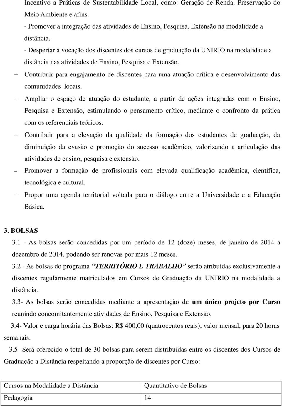 - Despertar a vocação dos discentes dos cursos de graduação da UNIRIO na modalidade a distância nas atividades de Ensino, Pesquisa e Extensão.