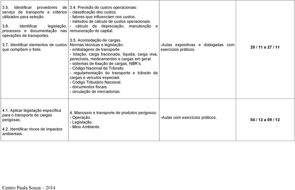 - métodos de cálculo de custos operacionais. - cálculo de depreciação, manutenção e remuneração do capital. 3.5. Acomodação de cargas. Normas técnicas e legislação: - embalagens de transporte.