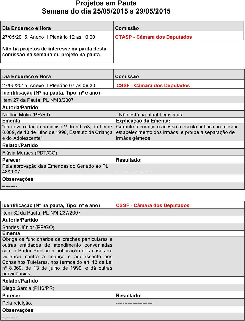 069, de 13 de julho de 1990, Estatuto da Criança e do Adolescente Relator/Partido Flávia Moraes (PDT/GO) Parecer Pela aprovação das Emendas do Senado ao PL 48/2007 ---- Observações -Não está na atual