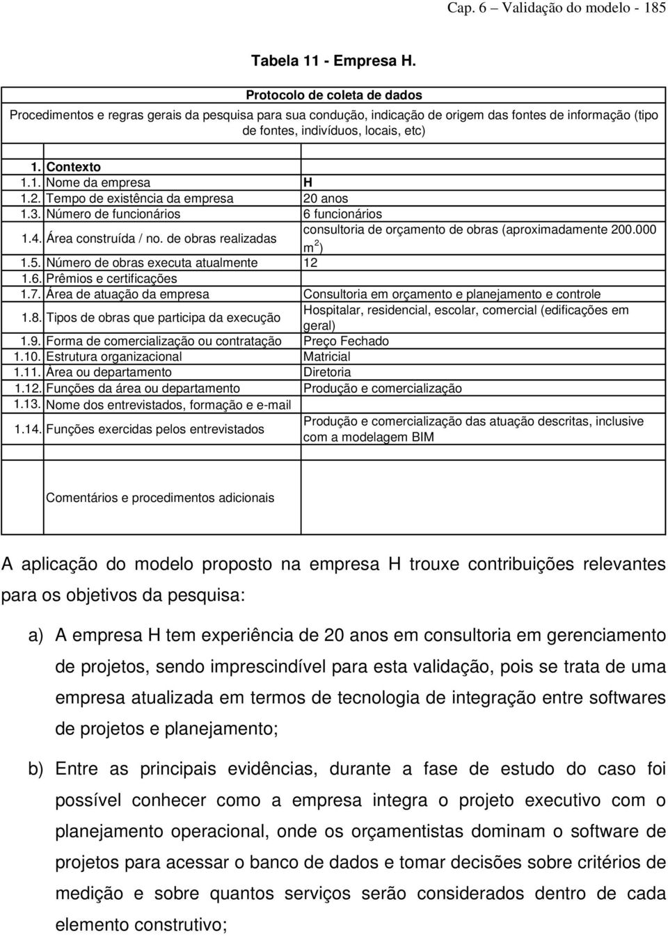 2. Tempo de existência da empresa 20 anos 1.3. Número de funcionários 6 funcionários 1.. Área construída / no. de obras realizadas consultoria de orçamento de obras (aproximadamente 200.000 m 2 ) 1.5.