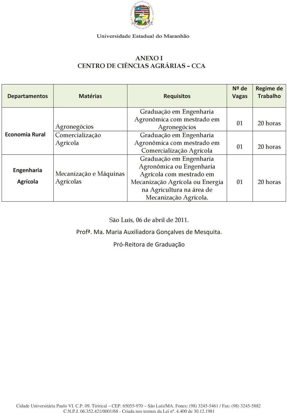 mestrado em Comercialização Agrícola Graduação em Engenharia Agronômica ou Engenharia Agrícola com mestrado em Mecanização Agrícola ou Energia na Agricultura na