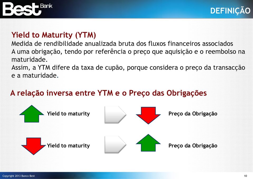 Assim, a YTM difere da taxa de cupão, porque considera o preço da transacção e a maturidade.