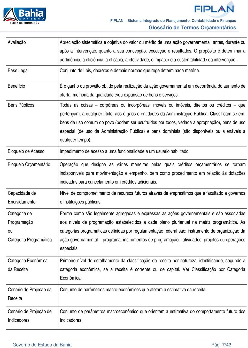 Benefício Bens Públicos Bloqueio de Acesso Bloqueio Orçamentário Capacidade de Endividamento Categoria de Programação ou Categoria Programática Categoria Econômica da Receita Cenário de Projeção da