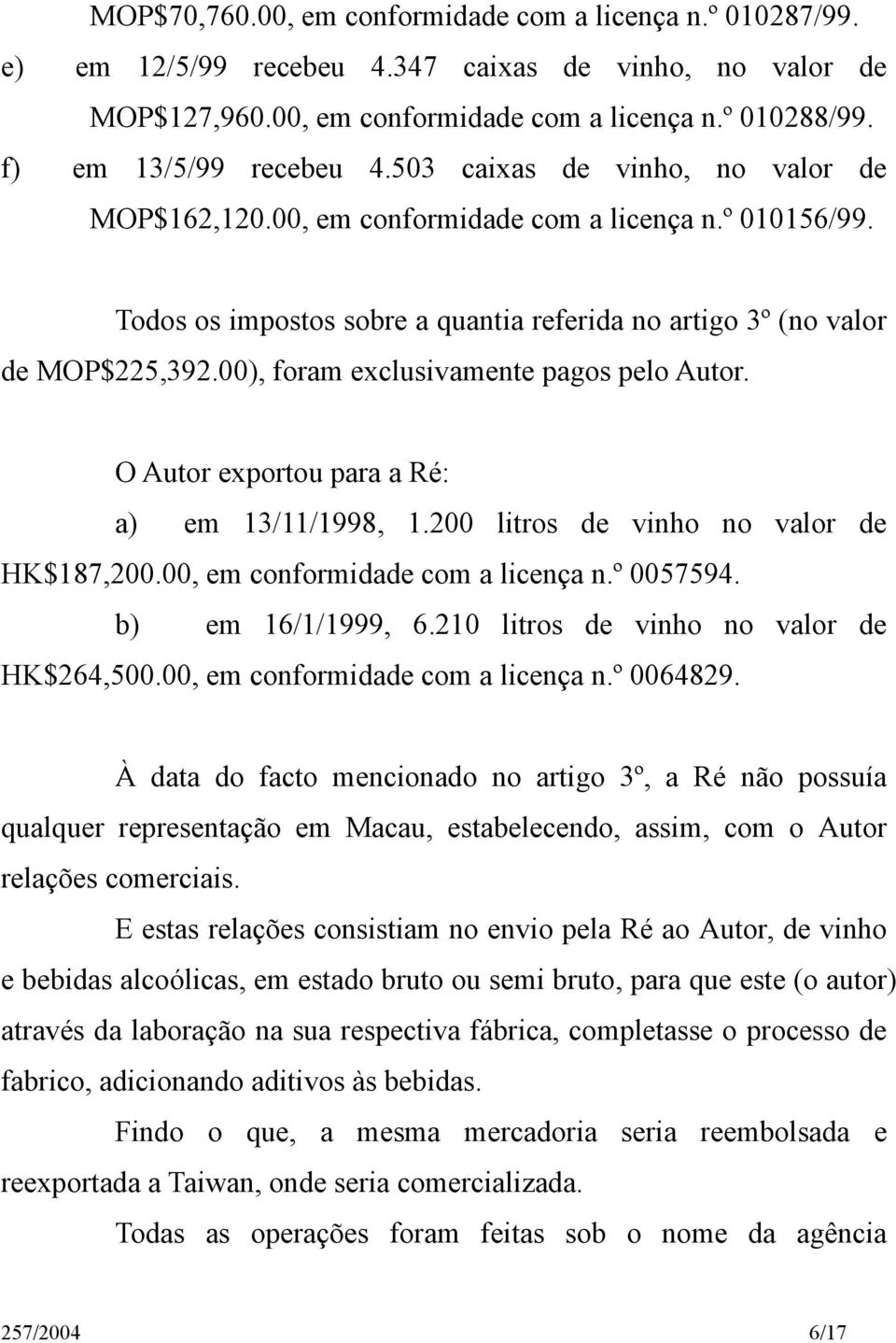 00), foram exclusivamente pagos pelo Autor. O Autor exportou para a Ré: a) em 13/11/1998, 1.200 litros de vinho no valor de HK$187,200.00, em conformidade com a licença n.º 0057594.