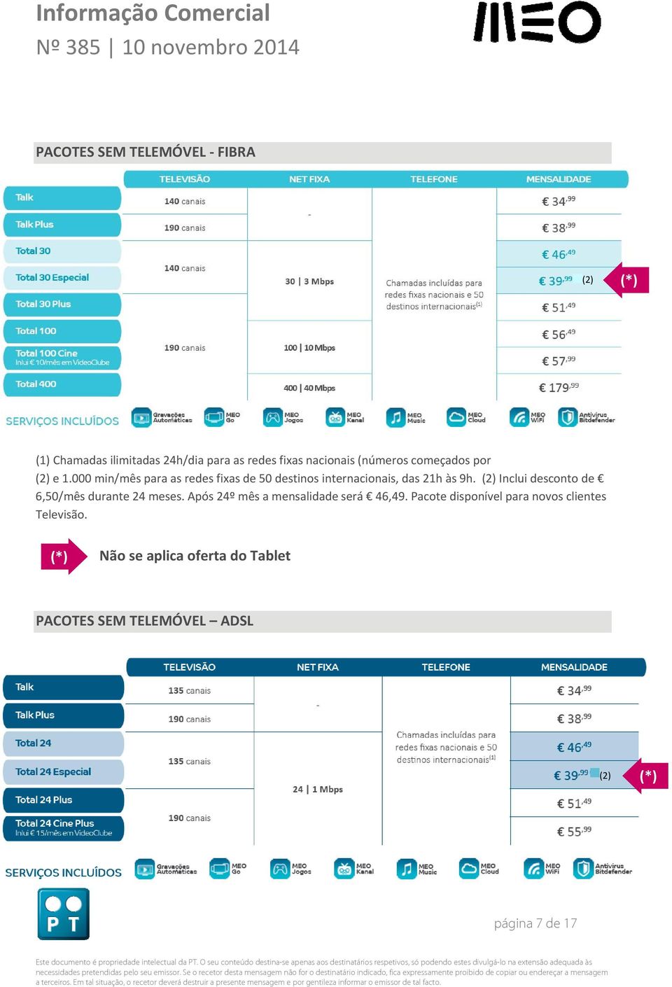 (2) Inclui desconto de 6,50/mês durante 24 meses. Após 24º mês a mensalidade será 46,49.