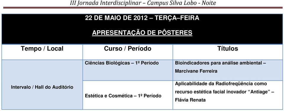 Marcivane Ferreira Intervalo / Hall do Auditório Estética e Cosmética 1º Período