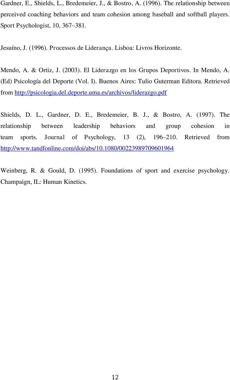 (Ed) Psicología del Deporte (Vol. I). Buenos Aires: Tulio Guterman Editora. Retrieved from http://psicologia.del.deporte.uma.es/archivos/liderazgo.pdf Shields, D. L., Gardner, D. E., Bredemeier, B. J.