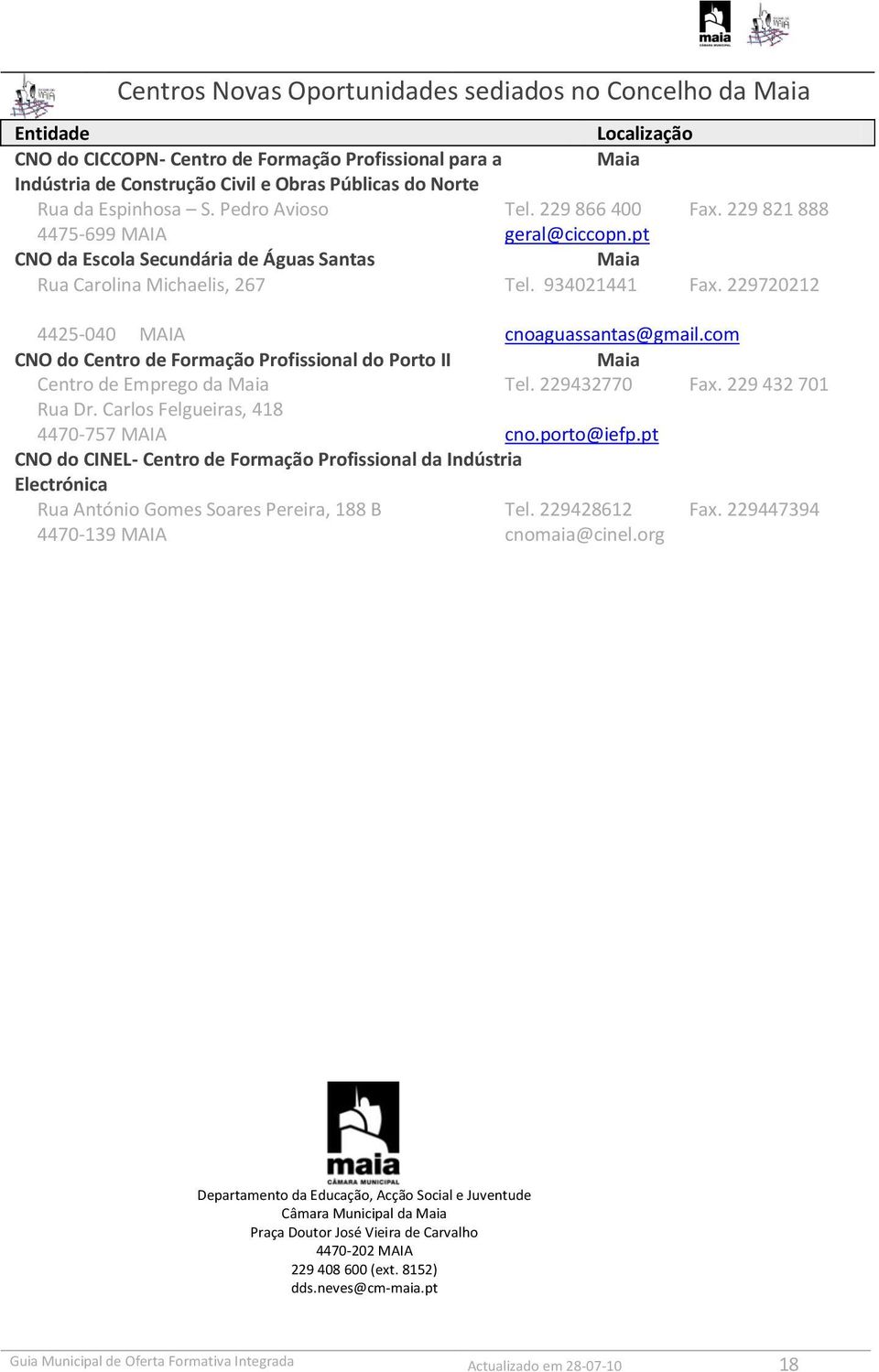 229720212 4425-040 MAIA cnoaguassantas@gmail.com CNO do Centro de Formação Profissional do Porto II Maia Centro de Emprego da Maia Tel. 229432770 Fax. 229 432 701 Rua Dr.