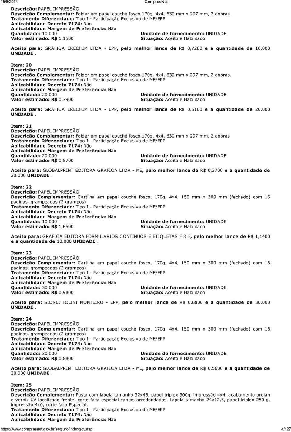 000 Unidade de fornecimento: UNIDADE Valor estimado: R$ 1,1500 Situação: Aceito e Habilitado Aceito para: GRAFICA ERECHIM, pelo melhor lance de R$ 0,7200 e a quantidade de 10.000 UNIDADE.