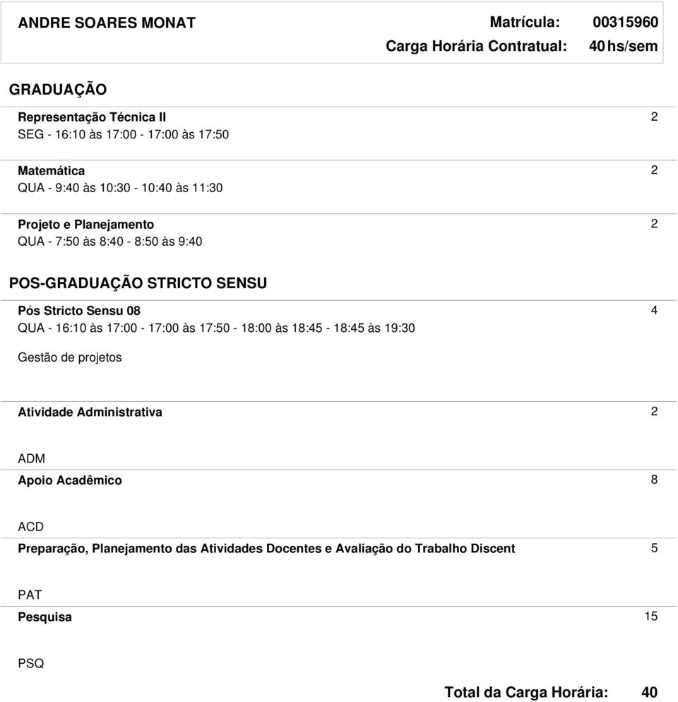 08 4 QUA - 16:10 às 17:00-17:00 às 17:50-18:00 às 18:45-18:45 às 19:30 Gestão de projetos Atividade Administrativa 2