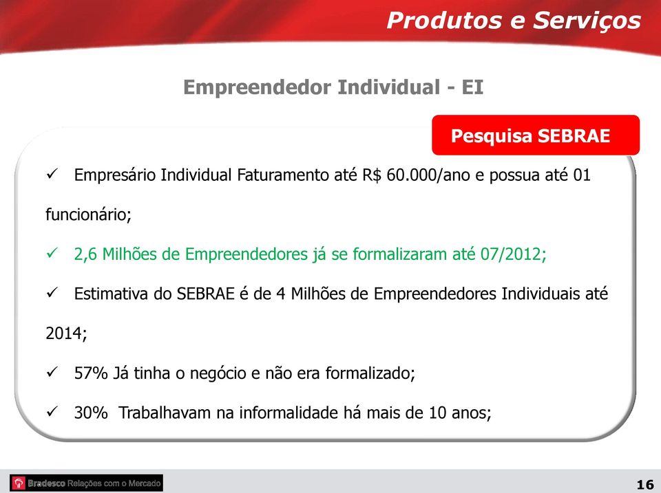 07/2012; Estimativa do SEBRAE é de 4 Milhões de Empreendedores Individuais até 2014; 57% Já