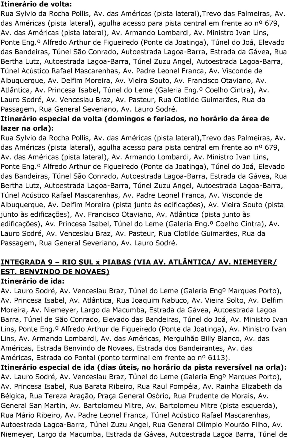 º Alfredo Arthur de Figueiredo (Ponte da Joatinga), Túnel do Joá, Elevado das Bandeiras, Túnel São Conrado, Autoestrada Lagoa-Barra, Estrada da Gávea, Rua Bertha Lutz, Autoestrada Lagoa-Barra, Túnel