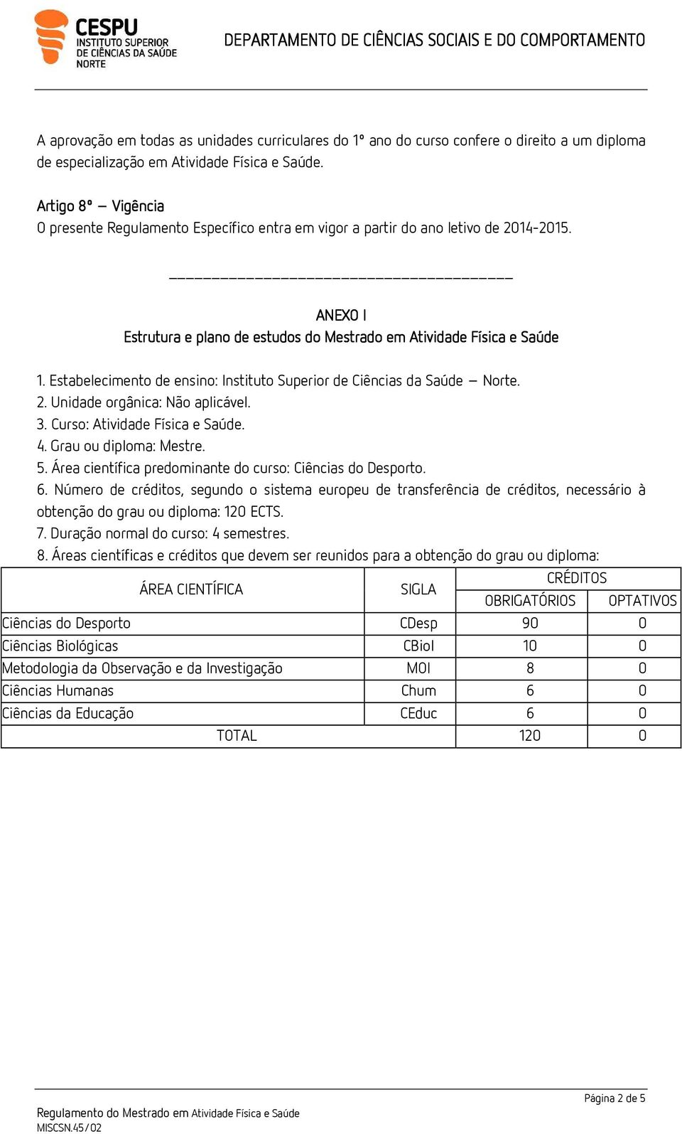 Estabelecimento de ensino: Instituto Superior de Ciências da Saúde Norte. 2. Unidade orgânica: Não aplicável. 3. Curso: Atividade Física e Saúde. 4. Grau ou diploma: Mestre. 5.