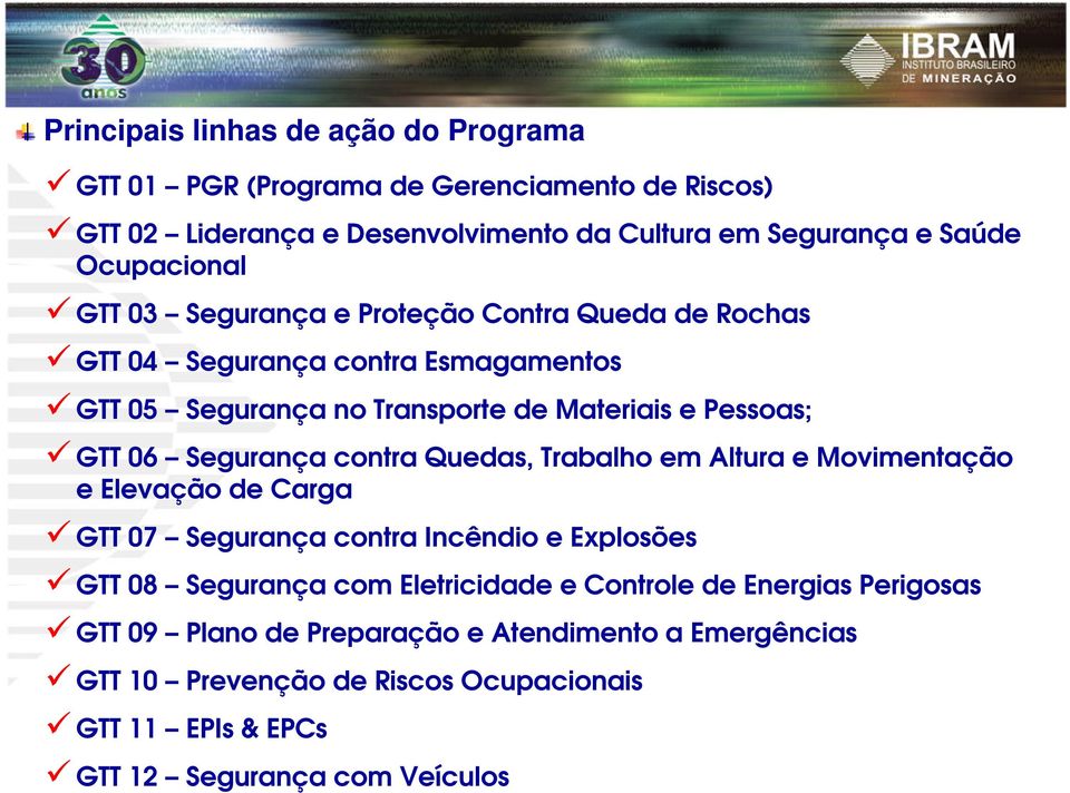 Segurança contra Quedas, Trabalho em Altura e Movimentação e Elevação de Carga GTT 07 Segurança contra Incêndio e Explosões GTT 08 Segurança com Eletricidade e