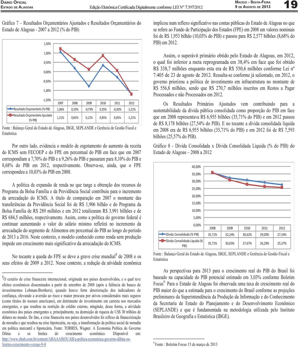 4 1E+-2 F Fonte : Balanço Geral do Estado de Alagoas, IBGE, SEPLANDE e Gerência de Gestão Fiscal e Estatística Por outro lado, evidencia o modelo de esgotamento do aumento da receita do ICMS sem