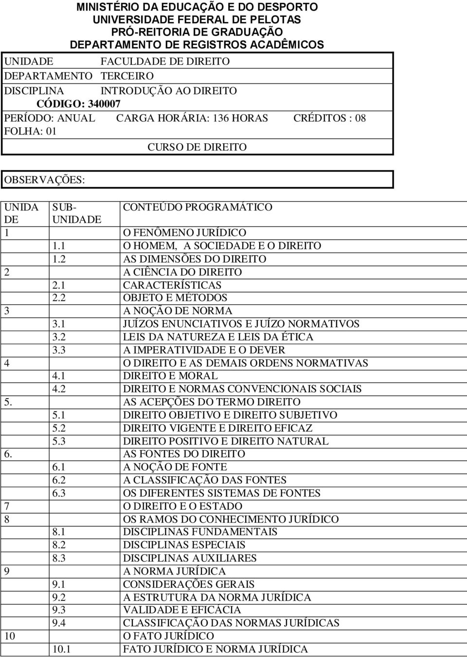 1 O HOMEM, A SOCIEDADE E O DIREITO 1.2 AS DIMENSÕES DO DIREITO 2 A CIÊNCIA DO DIREITO 2.1 CARACTERÍSTICAS 2.2 OBJETO E MÉTODOS 3 A NOÇÃO DE NORMA 3.1 JUÍZOS ENUNCIATIVOS E JUÍZO NORMATIVOS 3.