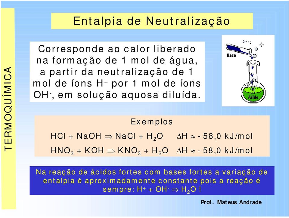 Ex em plos HCl + NaOH Ã NaCl + H 2 O DH - 58,0 k J /m ol HNO 3 + K OH Ã K NO 3 + H 2 O DH - 58,0 k J /m ol Na reaç