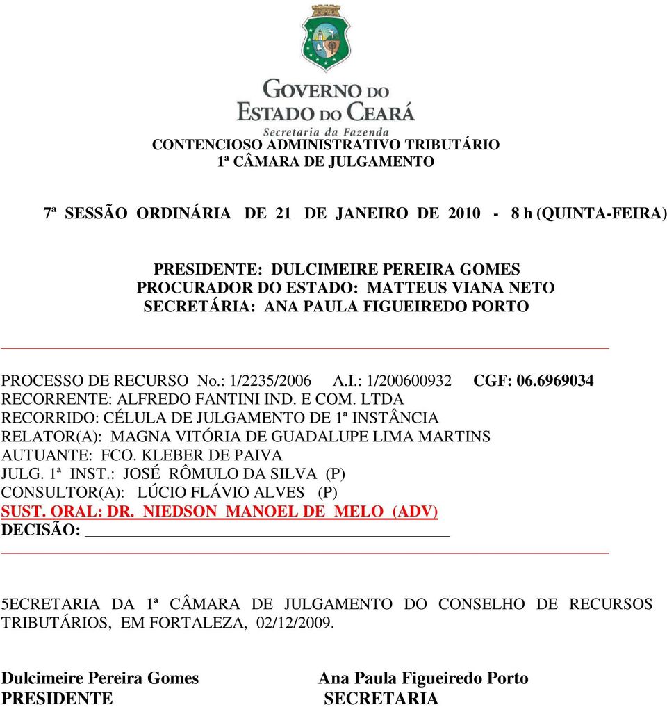 LTDA RELATOR(A): MAGNA VITÓRIA DE GUADALUPE LIMA MARTINS AUTUANTE: FCO. KLEBER DE PAIVA JULG. 1ª INST.