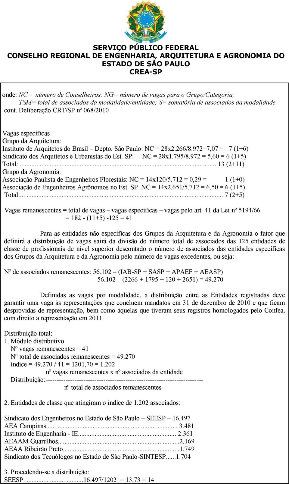 ..13 (2+11) Grupo da Agronomia: Associação Paulista de Engenheiros Florestais: NC = 14x120/5.712 = 0,29 = 1 (1+0) Associação de Engenheiros Agrônomos no Est. SP NC = 14x2.651/5.