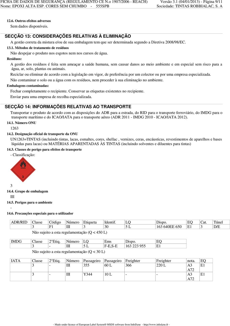 Outros efeitos adversos SECÇÃO 13: CONSIDERAÇÕES RELATIVAS À ELIMINAÇÃO A gestão correta da mistura e/ou de sua embalagem tem que ser determinada segundo a Diretiva 2008/98/EC. 13.1. Métodos de tratamento de resíduos Não despejar o produto nos esgotos nem nos cursos de água.