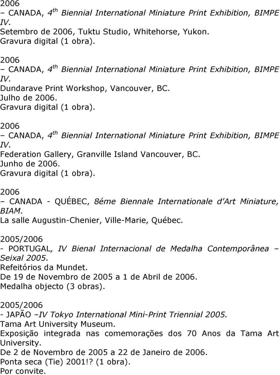 2006 CANADA, 4 th Biennial International Miniature Print Exhibition, BIMPE IV. Federation Gallery, Granville Island Vancouver, BC. Junho de 2006.