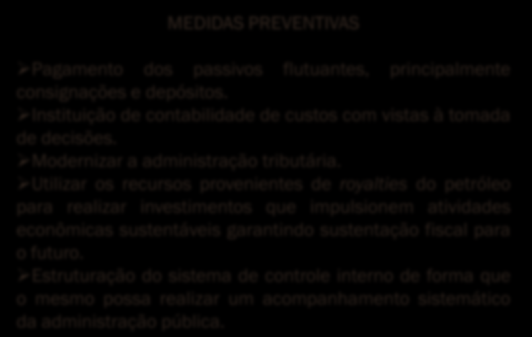 RECOMENDAÇÕES TCEES MEDIDAS PREVENTIVAS Pagamento dos passivos flutuantes, principalmente consignações e depósitos. Instituição de contabilidade de custos com vistas à tomada de decisões.