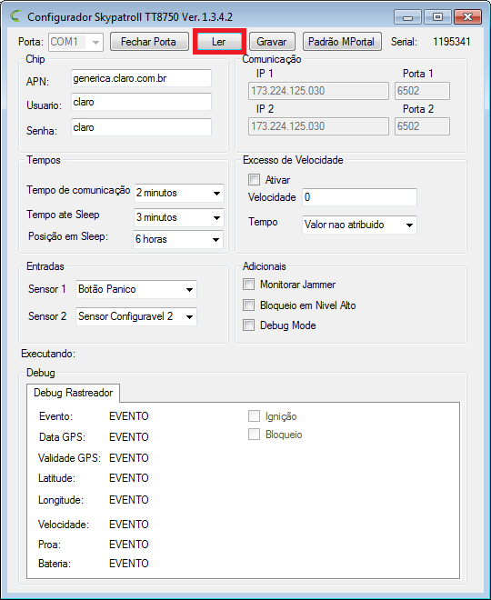 Botões e suas funcionalidades Abrir portal serial: No campo Porta o configurador irá informar as portas seriais disponíveis, selecione a porta serial correspondente a